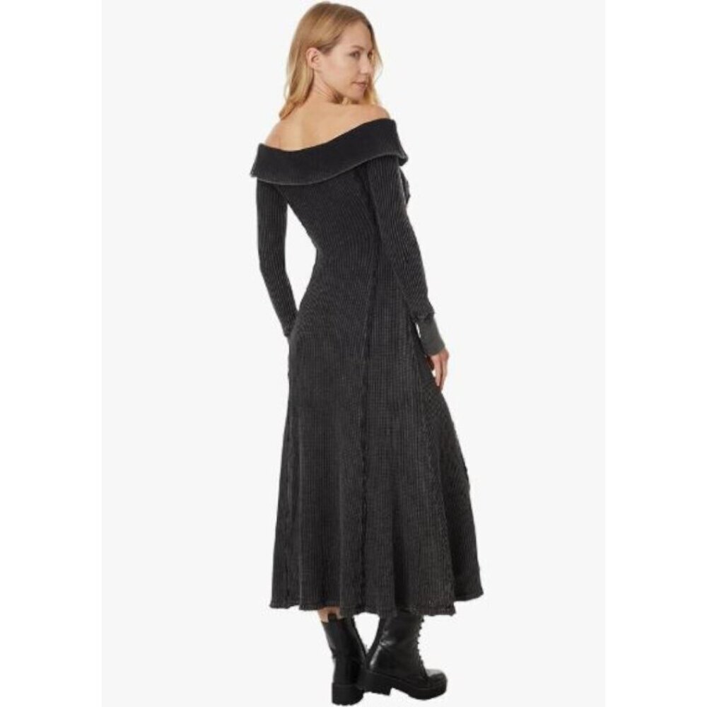 Free People Monty Midi Dress Black Off the Shoulder Long Sleeve Waffle Knit Sml - Picture 2 of 16